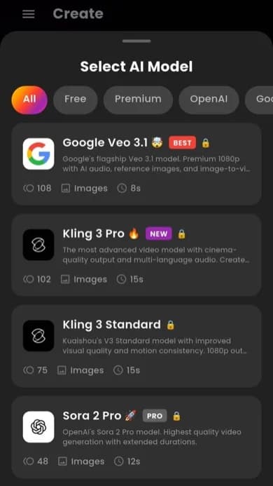 VIBE AI Video app preview with Kling, Sora, and Veo models